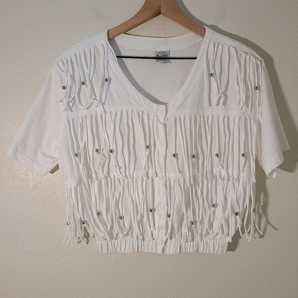 Vintage White Button Down Cropped Beaded Fringe